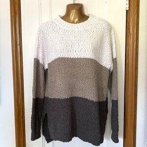 NWOT Chunky 3-Colour Sweater | White Taupe Grey Bouclé Knit Pullover